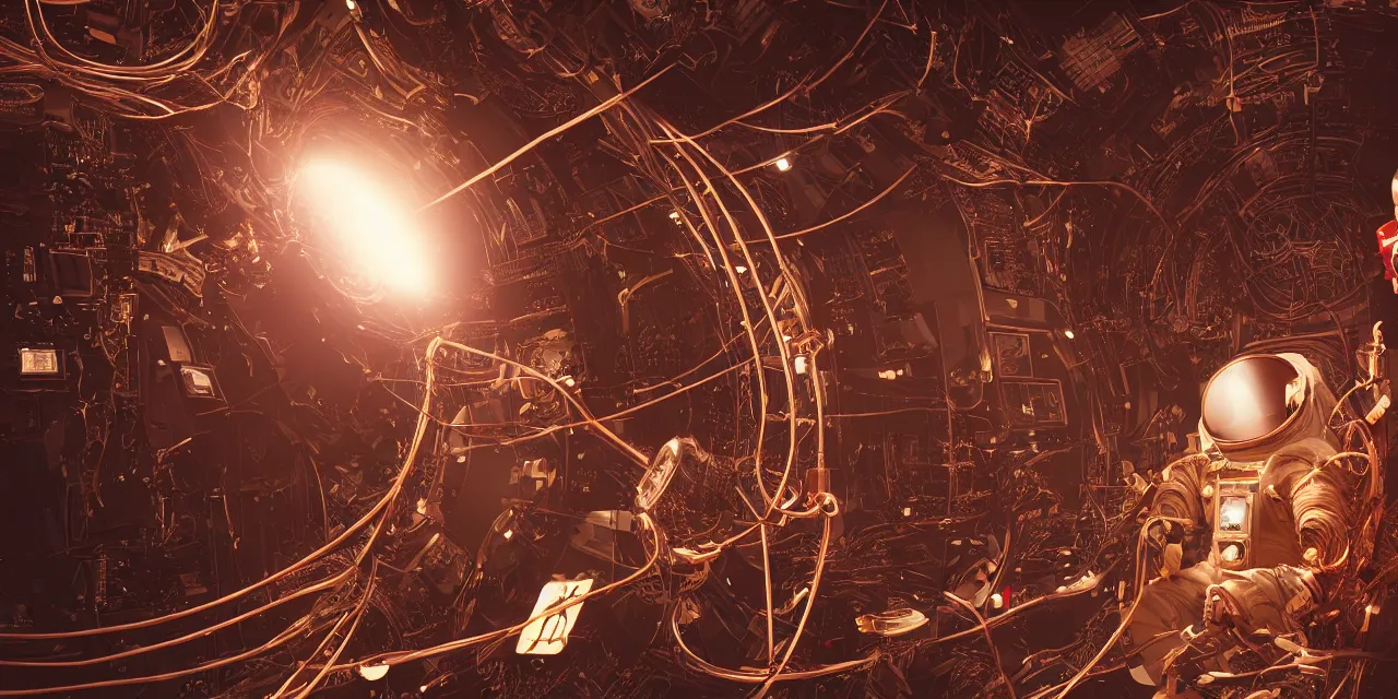 Prompt: astronaut with golden linings, entangled by a lot of cables, connected to a supercomputer designed by Dieter Rams, cinematic lighting, haze, moonlight, strong shadows, octane render, lens flare, red leds