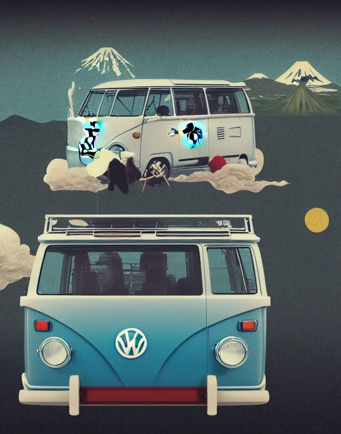 Image similar to front view vw camper touring rural japan, a collage painting, in the style of wes anderson, lola dupre, david hockney, isolated on negative white space background dark monochrome fluorescent spraypaint accents volumetric octane render