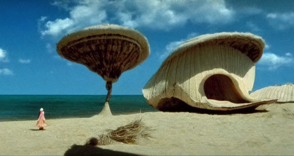 Image similar to seashell house where a hermit girl lives, atmospheric cinematography by syd mead and emmanuel lubezki