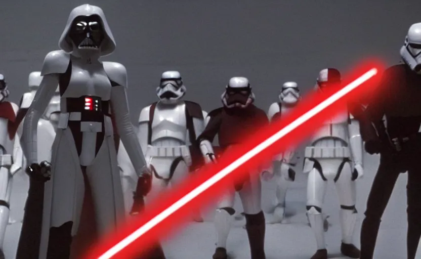 Image similar to a screenshot of a female sith lord in white approaches with a lightsaber, surrounded by dark troopers, red environment, from the 1979 film directed by Stanley Kubrick, shot on anamorphic lenses, cinematography, 70mm film, lens flare, kodak color film stock, ektachrome, immensely detailed scene, 4k