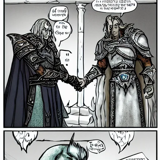 Image similar to arthas menethil shaking hands with skyrim's dragonborn