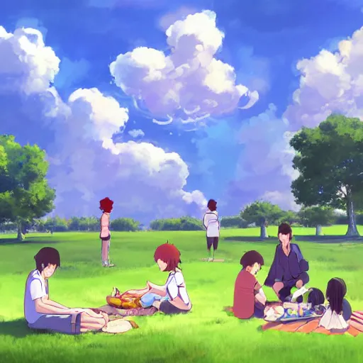 Image similar to Anime of an happy family with two boys of 10 years old and 5 years old, in Vincennes parc having a pic nic, beautiful weather, peaceful cloud, by Makoto Shinkai and James Gilleard