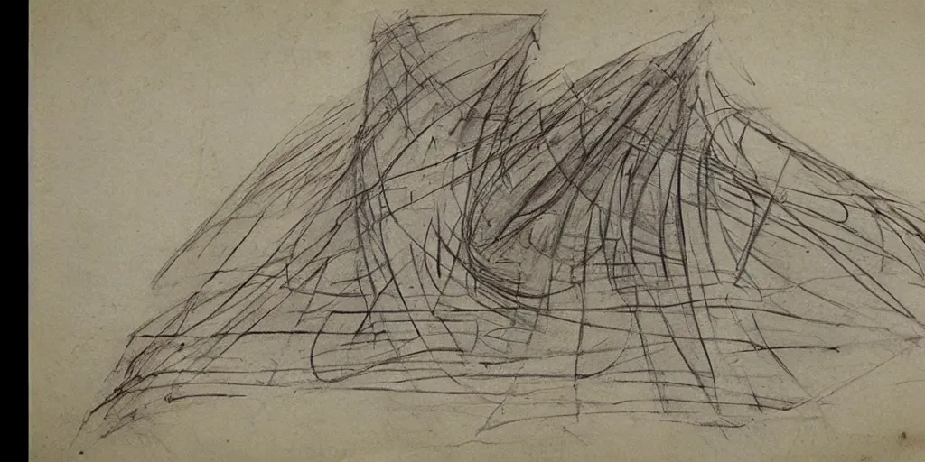 Prompt: sketch by da vinci and Zaha Hadid in old paper