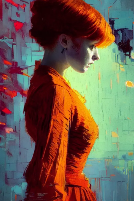 Image similar to portrait of a beautiful redhead girl, complementary colors, beautiful face, rule of thirds, intricate outfit, spotlight, by greg rutkowski, by jeremy mann, by francoise nielly, by van gogh, digital painting