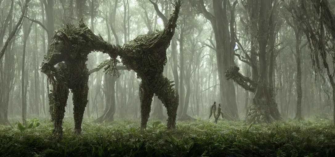 Image similar to a complex organic fractal 3 d metallic symbiotic ceramic humanoid megastructure creature in a swampy lush forest, foggy, cinematic shot, photo still from movie by denis villeneuve, wayne barlowe