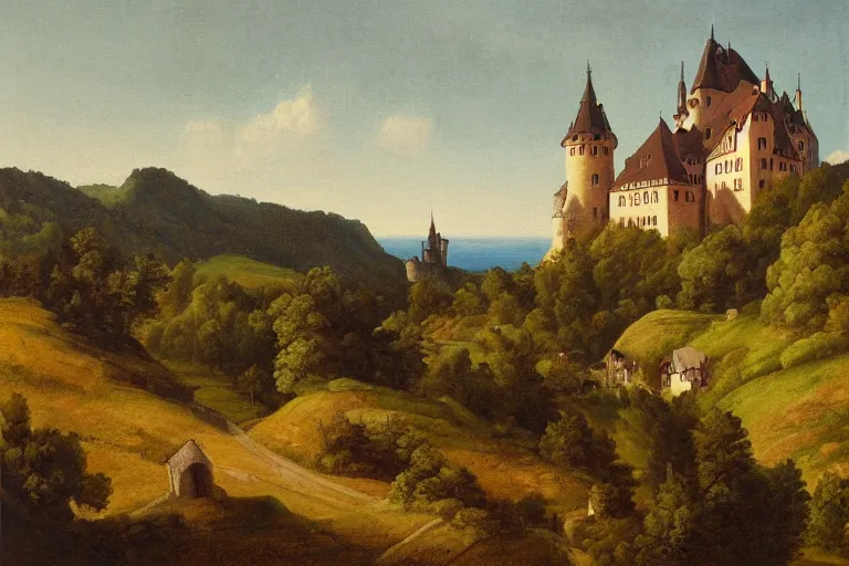 Image similar to a landscape painting of a german castle on the cliff