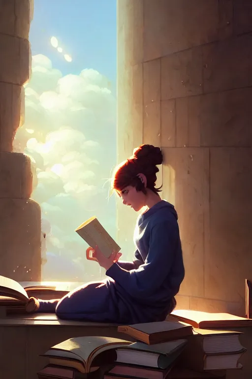 Image similar to highly detailed portrait of beautiful girl reading a book in pixar up, dynamic pose, stephen bliss, unreal engine, fantasy art by greg rutkowski, loish, rhads, ferdinand knab, makoto shinkai and lois van baarle, ilya kuvshinov, rossdraws, tom bagshaw, global illumination, radiant light, detailed and intricate environment