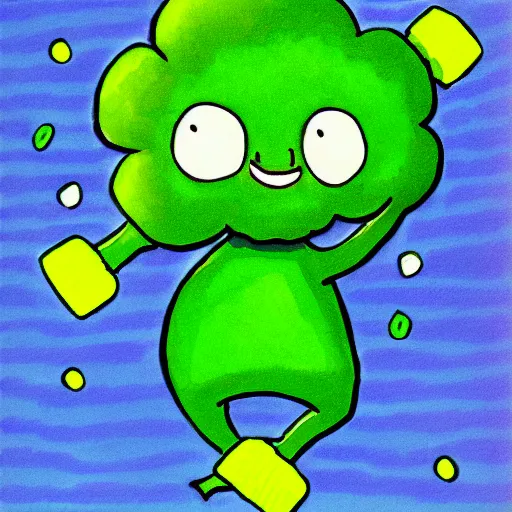 Image similar to a dancing broccoli, he is very happy, children illustration