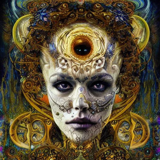 Image similar to Memento Mori by Karol Bak, Jean Deville, Gustav Klimt, and Vincent Van Gogh, beautiful visionary mystical portrait, otherworldly, fractal structures, ornate gilded medieval icon, third eye, spirals, sugar skull