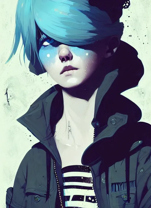 Image similar to highly detailed portrait of a sewer punk lady student, blue eyes, denim jacket, white hair by atey ghailan, by greg rutkowski, by greg tocchini, by james gilleard, by joe fenton, by kaethe butcher, gradient blue, black, brown and cyan color scheme, grunge aesthetic!!! ( ( graffiti tag wall background ) )