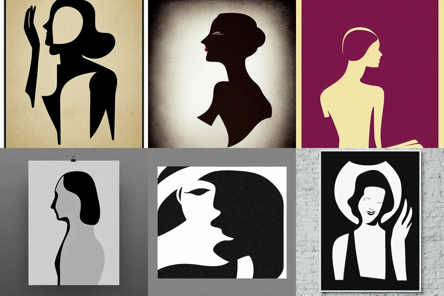 Prompt: beautiful artistic minimalistic art deco poster of a young woman face silhouette