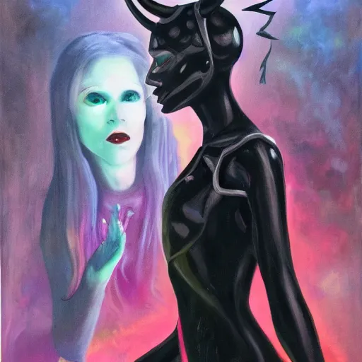 Prompt: cyber girl with demon horns and a fine dress with gloomy face and mad eyes in front of a cybercity holding a black feather in her hand, 8k, oil painting