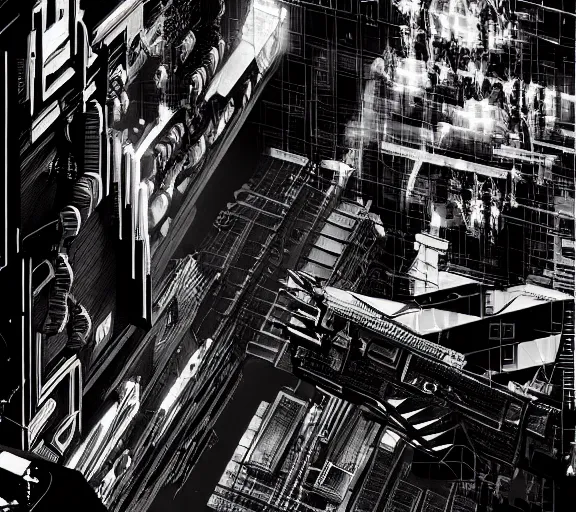 Image similar to a black and white illustration of a cyberpunk epic Friday night firefight in the style of M.C. Escher, Night City, cyberpunk 2077, 1979 OMNI Magazine Cover, impossible geometry, coherent, street level neo-Tokyo in Cyberpunk 2045, 4k, 8k, HD, trending on artstation