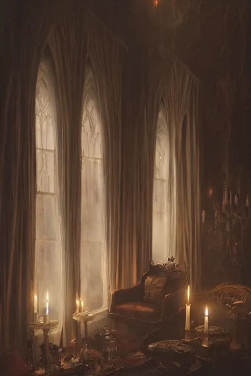 Image similar to a matte painting gothic corner parlor flickering candles velvet curtains by greg rutkowski, tyler edlin