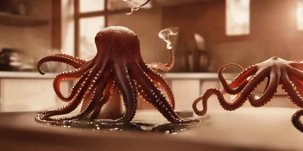 Prompt: an octopus doing the dishes in the kitchen, very detailed and sharp photorealistic, cinematic lighting