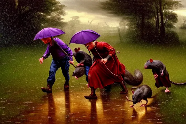 Image similar to a family of rats scurrying across a drenched field in a torrential rainstorm, in the style of jacek yerks, intricate and epic composition, red by caravaggio, insanely quality, highly detailed, masterpiece, purple light, artstation, 4 k