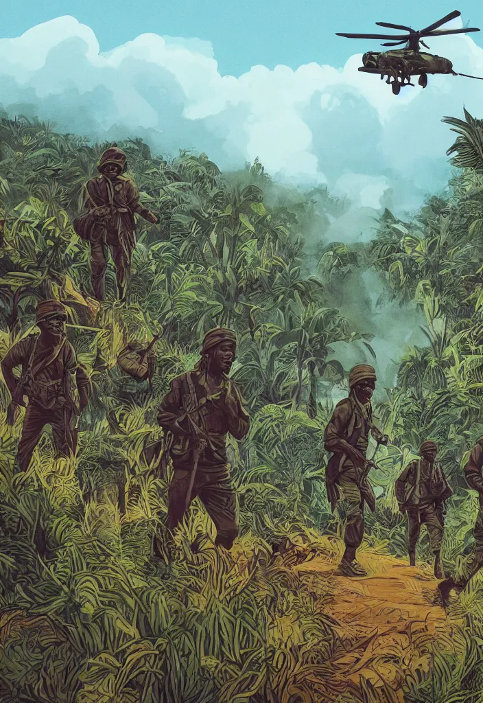 Prompt: handmade illustration of an epic Vietnam war scene with a few Rastafarian Jamaican soldiers walking, the jungle at the background, some smoke and fire, blue sky with dramatic clouds, line art, ink, watercolor by Kilian Eng and by Jake Parker, heavy brushstrokes, winning-award masterpiece, fantastic, octane render, 8K HD Resolution, High quality image