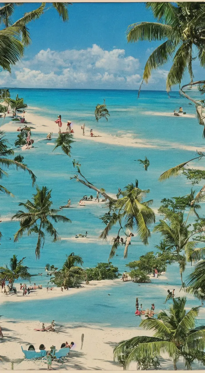 Image similar to a 1950s vacation pamphlet about a Caribbean beach,