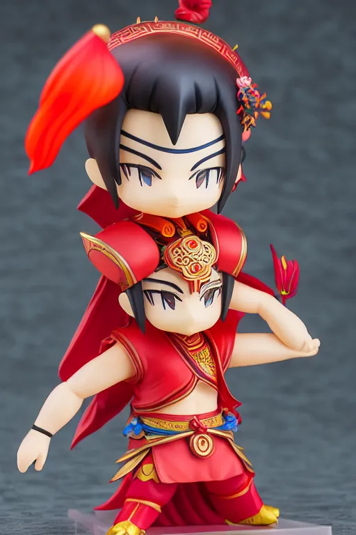 Image similar to arty chinese mythology ne zha nendoroid full body hyperdetalied, hero pose, osamu tezuka, macoto takahashi, chibi, q posket, 8 k realistic, 3 d, cryengine, exquisite, red cloth around his shoulders, hold spear, ne zha ( 2 0 1 9 ), fenghua zhong,