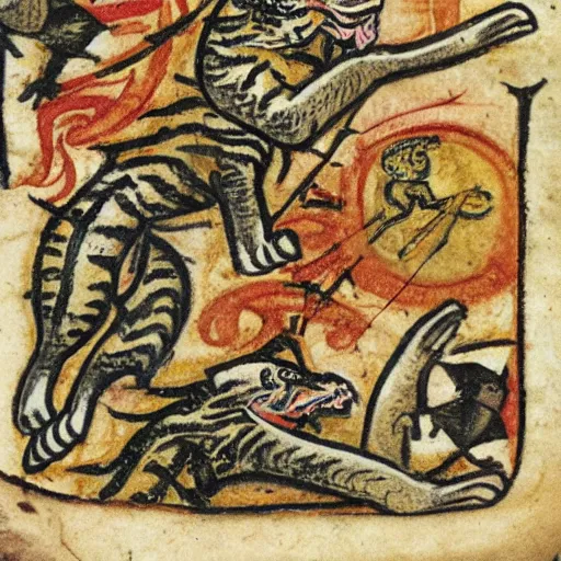 Prompt: tiger fire with many legs flying in a medieval manuscript, medieval manuscript, golden miniatures