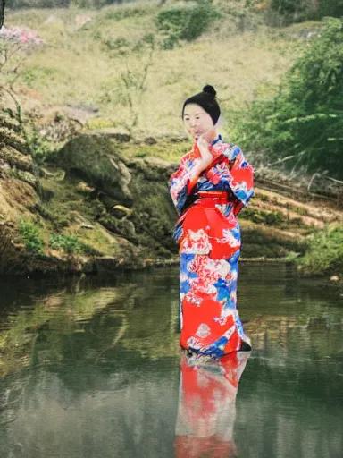 Prompt: a woman in a kimono kneeling next to a river