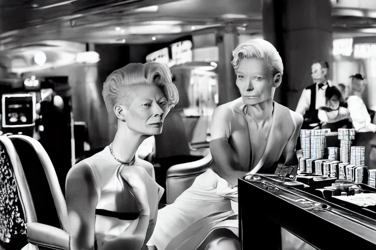 Prompt: Tilda Swinton at a casino in the style of Cowboy Bebop, wide shot