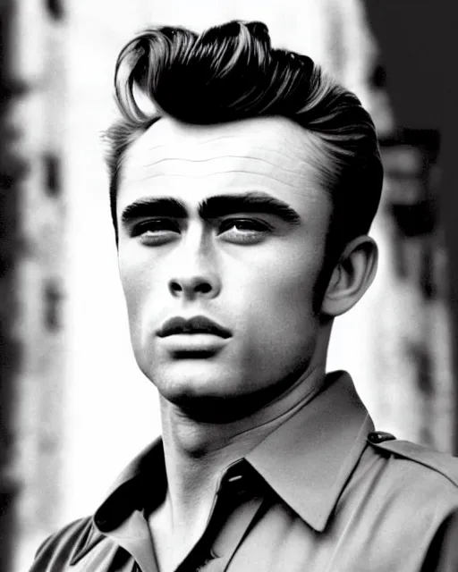 Image similar to genetic cross between james dean and sean connery : : handsome young man with pompadour, sideburns, and slight mullet : : sharp cheekbones, dimpled cheeks and chin, soulful blue eyes, stern lips : : professional color photograph, dynamic lighting, highly detailed