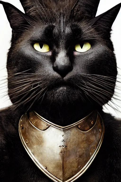 Prompt: head and shoulders portrait of a warrior, tabaxi, black cat, male, breastplate, magical, high fantasy, d & d, by annie liebovitz, face details, extremely detailed, vogue fashion photo
