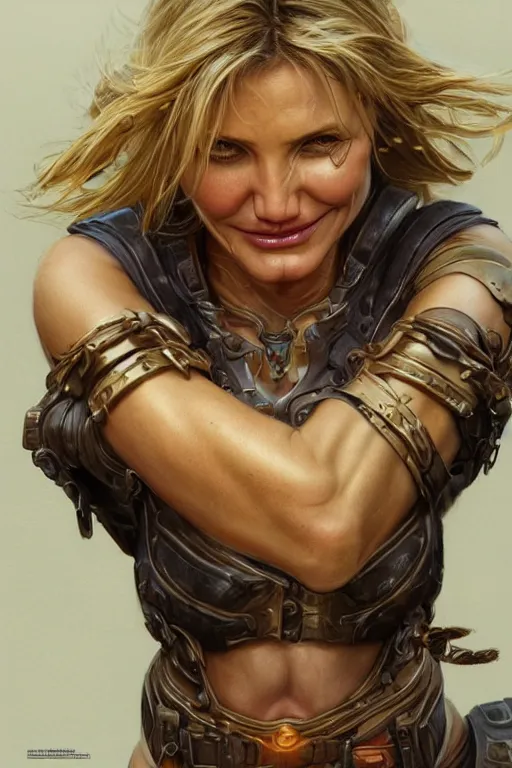 Prompt: Cameron Diaz as a ruggedly handsome hero, intricate, elegant, highly detailed, centered, digital painting, artstation, concept art, smooth, sharp focus, illustration, art by artgerm and donato giancola and Joseph Christian Leyendecker, WLOP