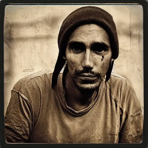 Prompt: polaroid picture, sepia, homeless manu chao in the streets of bogota, perfect face, symmetrical face, fine details, day setting, ethereal, trending on artstation