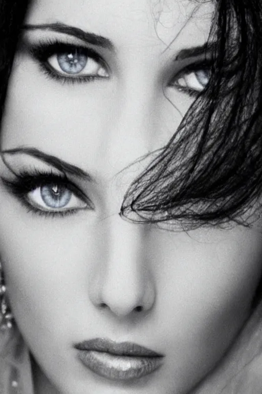 Image similar to young arab Monica Bellucci, blue eyes, long wavy black hair, white veil, closeup, focus, light makeup