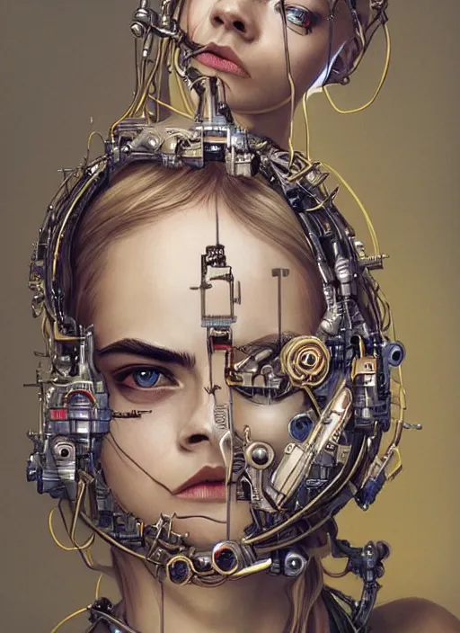 Image similar to symmetry! cara delevingne praying, machine parts embedded into face, tubes and cables, intricate, elegant, highly detailed, digital painting, artstation, concept art, smooth, clockwork, sharp focus, illustration, art by artgerm and greg rutkowski and alphonse mucha, 8 k