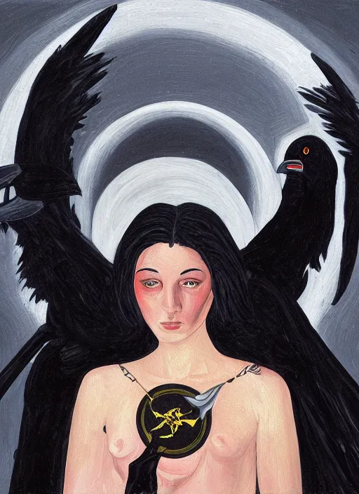 Image similar to portrait centered on a raven in a vantablack cloak and holding a symbolic weapon. painting in the style of symbolism. portrait hung up in a windows 9 8 wallpaper. r / oldschoolfantasy