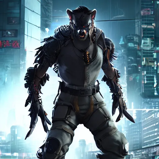 Image similar to cyberpunk wolfman holding a katana and jumping into action, tactical armor, action scene screenshot, scifi futuristic character concept, high quality gloss art, unreal engine