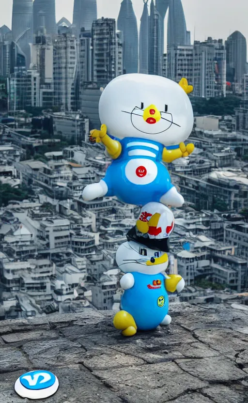 Image similar to a < 3 d plastic doraemon > melting in the heat outdoors, shanghai in the background, heat wave, fierce sunlight, digital art, high definition photo, 8 k