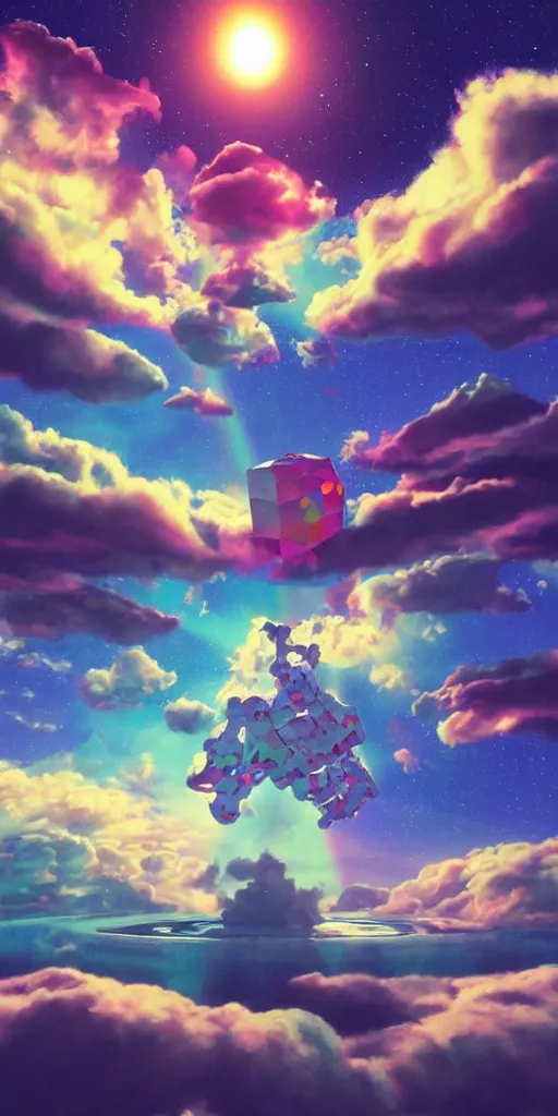 Image similar to vaporwave, beeple, surreal vfx, global illumination, a painting by ralph mcquarrie of floating molecules and icosahedron with stars, clouds, and rainbows in the background, trending on artstation, masterpiece, incredible details