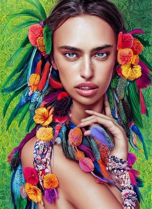 Prompt: beautiful portrait of Irina Shayk wearing fantastic Hand-dyed cotton dress,embellished beaded feather decorative fringe knots ,colorful pigtail,subtropical flowers and plants,symmetrical face,mediterranean,intricate,elegant,highly detailed,8k,post-processing,digital painting,trending on pinterest,harper's bazaar,concept art, sharp focus, illustration, by artgerm,Tom Bagshaw,Lawrence Alma-Tadema,greg rutkowski,alphonse Mucha