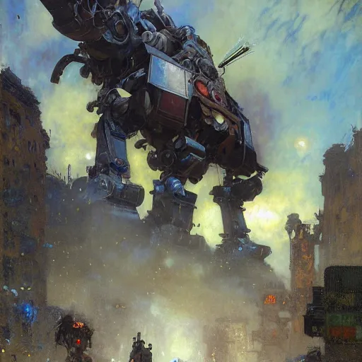 Image similar to six meters tall mech fighting in an urban environment, epic action scene, by gaston bussiere craig mullins jc leyendecker gustav klimt artgerm greg rutkowski john berkey, bergey, craig mullins, ruan jia, raymond swanland, jeremy mann, tom lovell, alex malveda