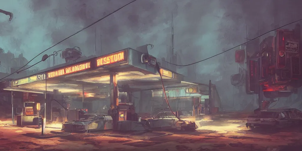 Image similar to a post apocalyptic gas station in the style of bladerunner, trending on artstation, vintage colors, volumetric lighting