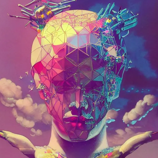 Image similar to surreal vaporwave painting, by yoshitaka amano, by ruan jia, by conrad roset, by kilian eng, by good smile company, incredibly detailed, of floating molecules and a mannequin artist holding an icosahedron with stars, clouds, and rainbows in the background, cgsociety, artstation, modular patterned mechanical costume and headpiece, vaporwave atmosphere