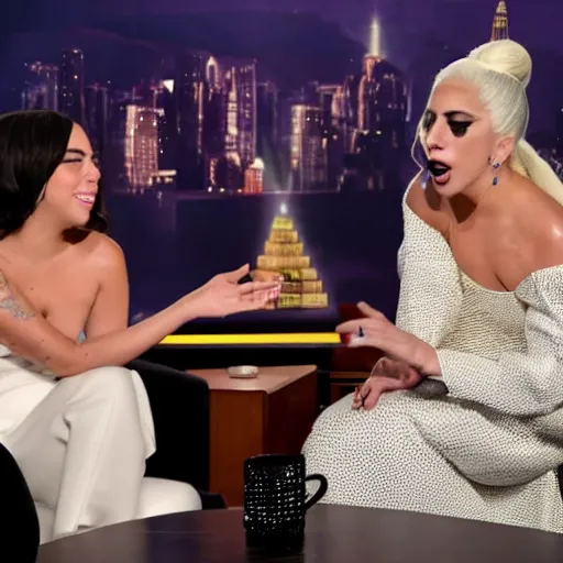 Prompt: lady gaga and aubrey plaza side eyeing each other during a late show interview