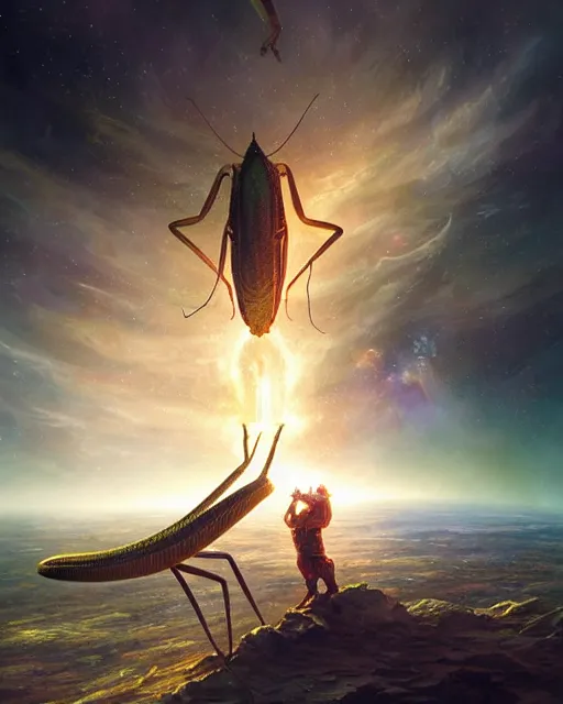 Image similar to a giant praying mantis in space eats planet, photo realistic, epic composition, epic light, high details by greg rutkowski and mark marc simonetti