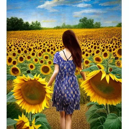 Image similar to a girl slowly walking through amazing tall sunflower field, her hair flowing down, subtle, intricate details, real masterpiece, oil on canvas, by leonardo da vinci, vitalik buterin