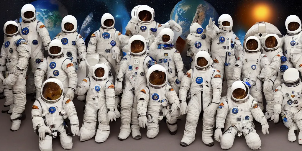 Prompt: Group photo of various animals in spacesuits before going to space. Highly detailed picture.