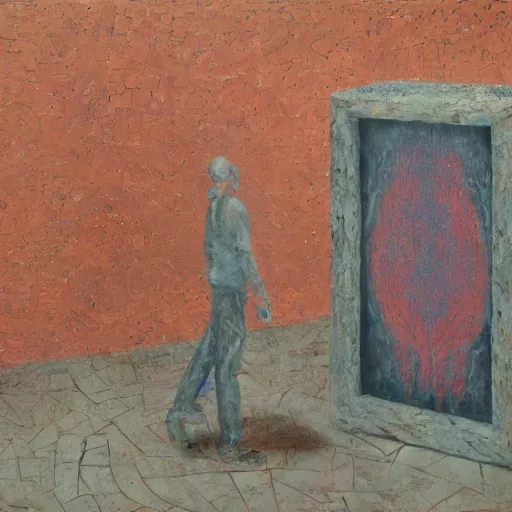 Prompt: a detailed, impasto painting by shaun tan and louise bourgeois of an abstract forgotten sculpture by ivan seal and the caretaker, alzheimer