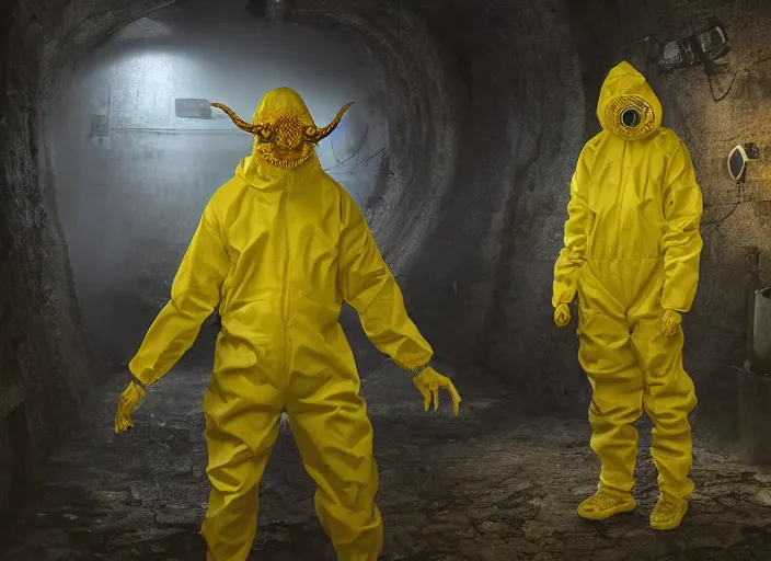 Prompt: a man in a yellow hazmat suit with a highly detailed Cthulhu Eldritch demon with many eyes and tentacles in an underground brutalist storeroom, highly detailed, intricate, cinematic, wide angle, grime, symmetrical and centered, front facing camera, epic lighting, Unreal engine render in 8k by Zdzslaw Beksinski and Wayne Barlowe