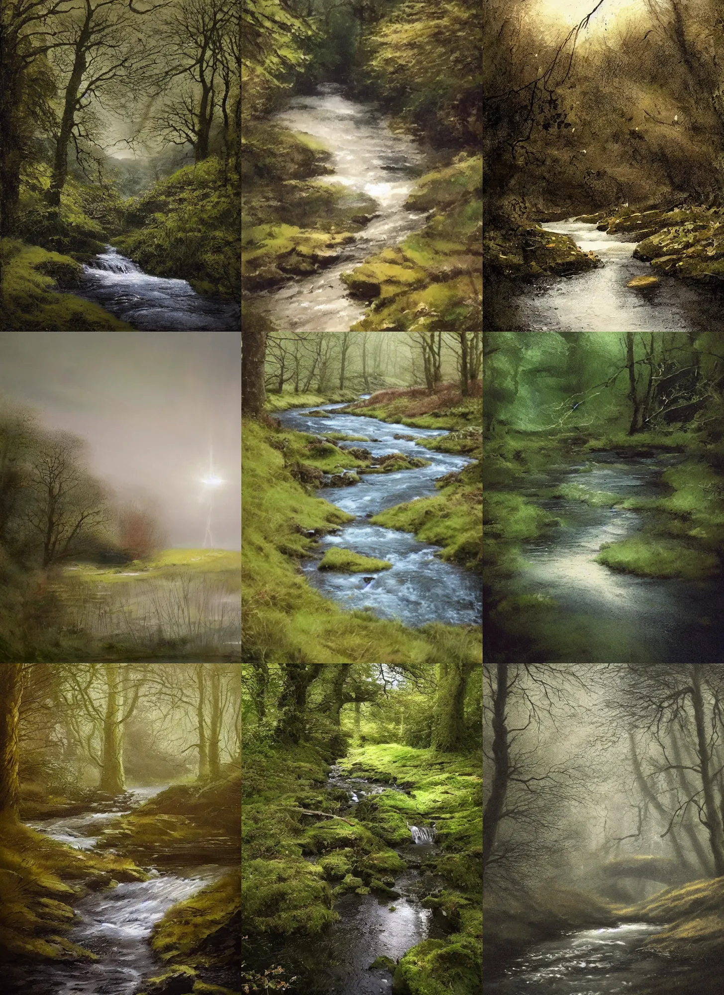 Prompt: there is a place in wales, tucked out of view magic happens, only seen by a few. for just one day, for only just one hour. the last summer's day break at gelli aur. there you must follow a winding trout stream. search all the oaks with a tiny light beam, inspired by greg rutkowski and charlie bowater