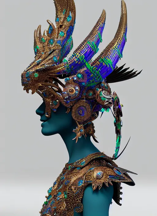 Image similar to 3 d goddess close - up profile portrait. beautiful intricate highly detailed mexican magpie helm and traditional mexican huipil. stingray, bio luminescent, plasma, lava, ice, water, wind, stormy, creature, artwork by tooth wu and wlop and beeple and greg rutkowski, octane 3 d render
