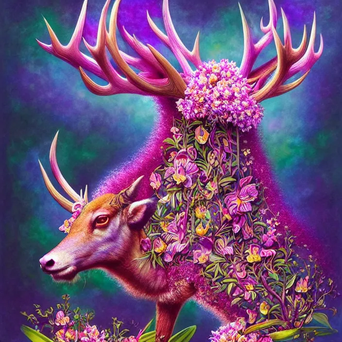 Image similar to extremely psychedelic animal made of orchid and cherry blossom tree and mushroom, LSD elk, diffuse lighting, fantasy, intricate, elegant, highly detailed, lifelike, photorealistic, digital painting, artstation, illustration, concept art, smooth, sharp focus, art by John Collier and Albert Aublet and Krenz Cushart and Artem Demura and Alphonse Mucha