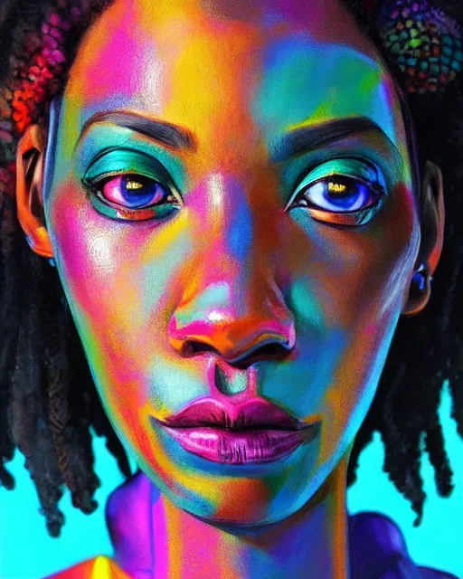 Image similar to colorful character portrait of a black female hippie, set in the future 2 1 5 0 | highly detailed face | very intricate | symmetrical | cinematic lighting | award - winning | painted by mandy jurgens | pan futurism, dystopian, bold colors, cyberpunk, groovy vibe, anime aesthestic | featured on artstation